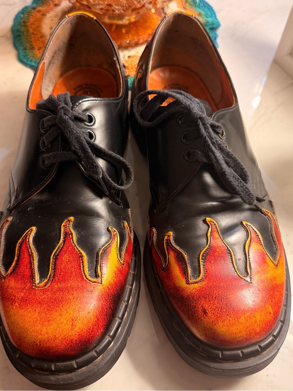 Men's Black Leather Lace-Up Shoes with Red-Orange Flame Detail